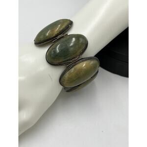 Navajo Mexico Sterling Silver Green Cabochon Domed Safety Chain Bracelet 125‎ gm